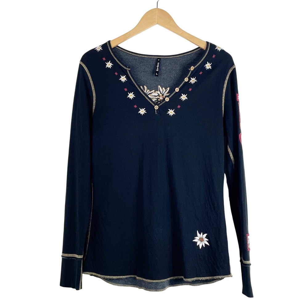 Alp-N-Rock Henley Top Women Large Black Edelweiss Alpine Embroidered Patch Ski
